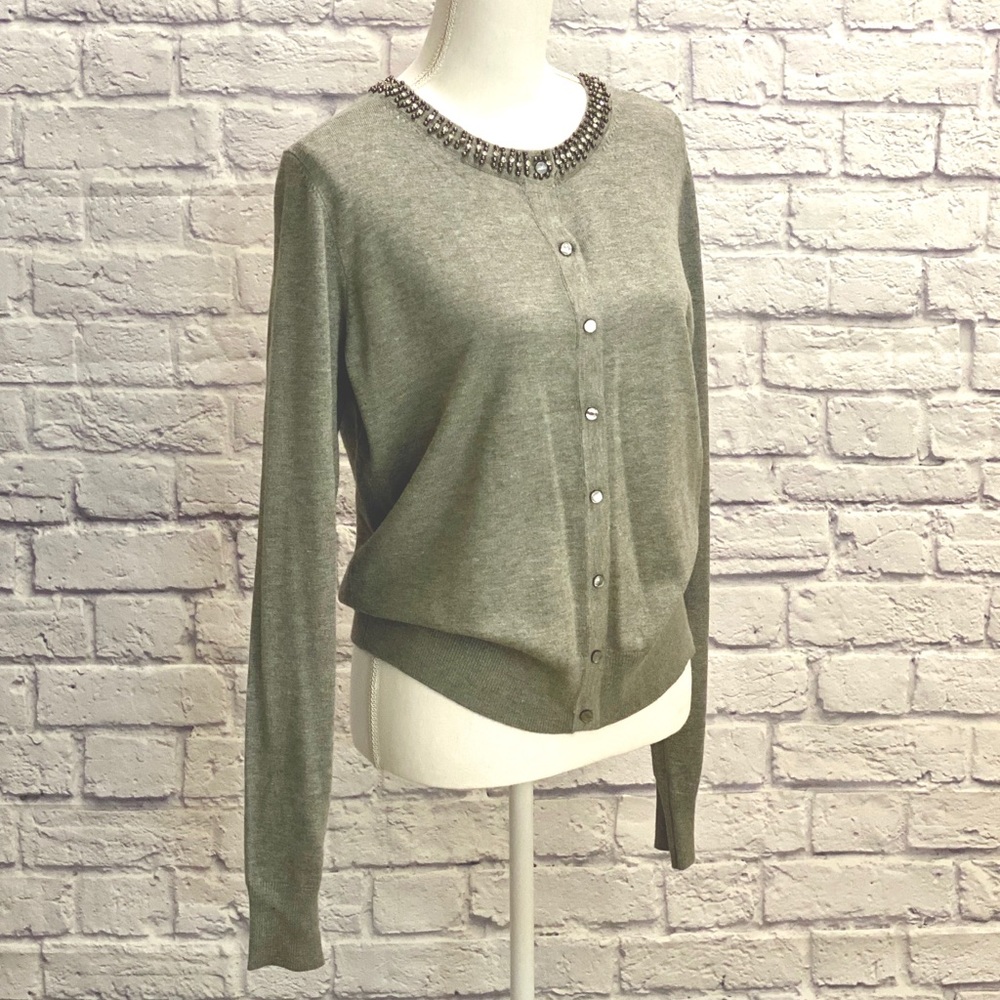 Grey Cardigan with rhinestone beaded collar Size L